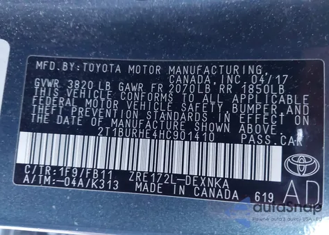 2017 Toyota Corolla L/Le/Xle/Se/Xse from USA, damaged, VIN 2T1BURHE4HC901410